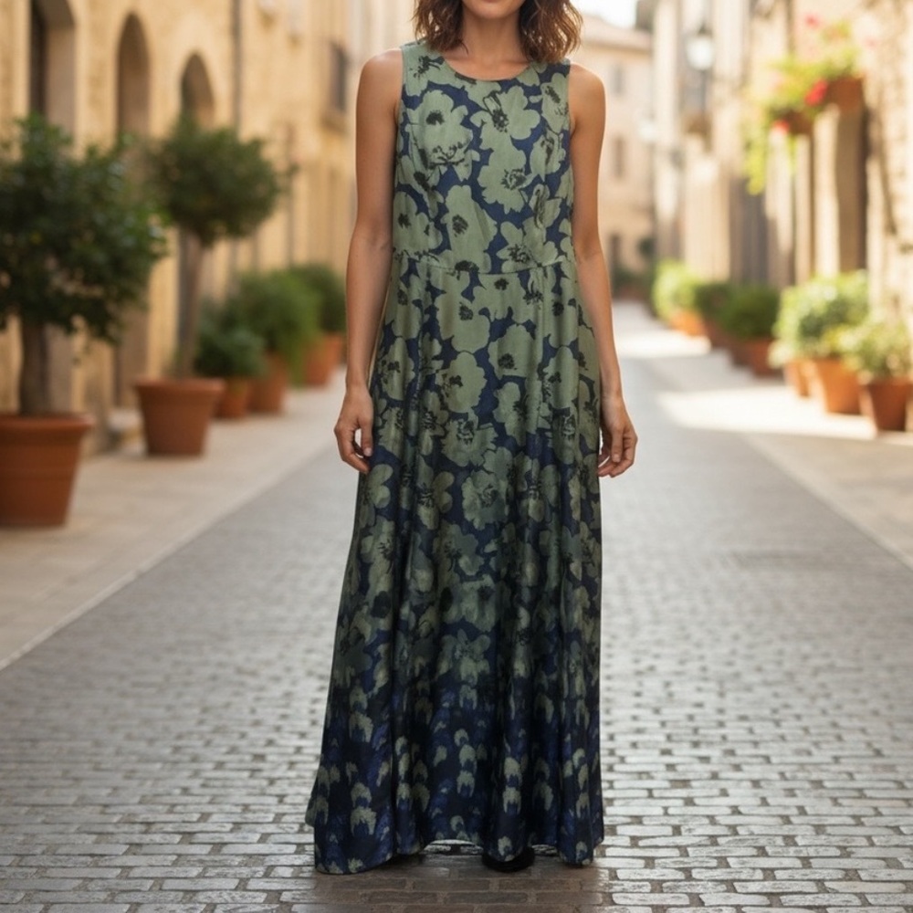 Sleeveless Green Floral Maxi Dress